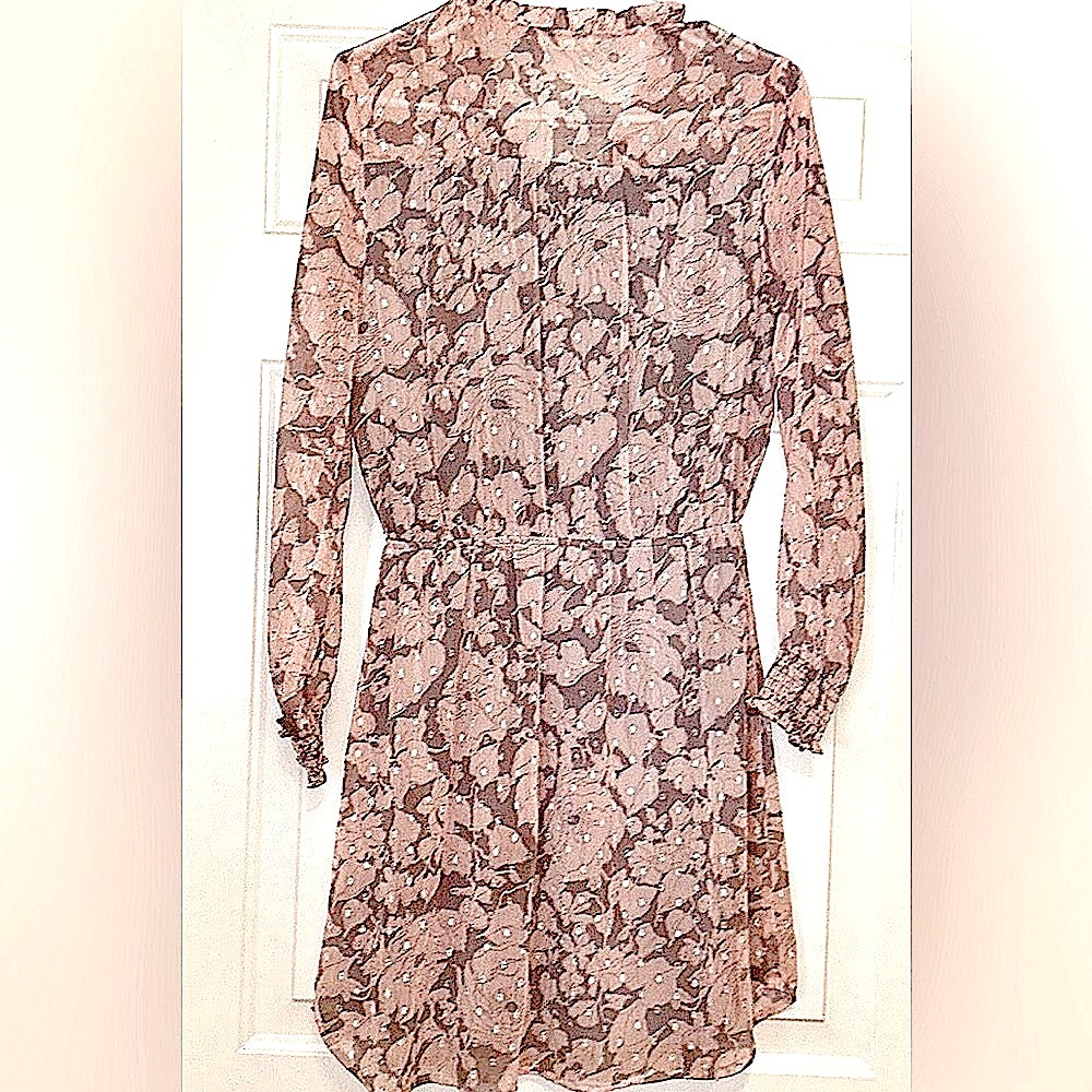 Love Stitch Dress M Pink Gray Floral LS Feminine Ruffle Cinched Waist Romantic